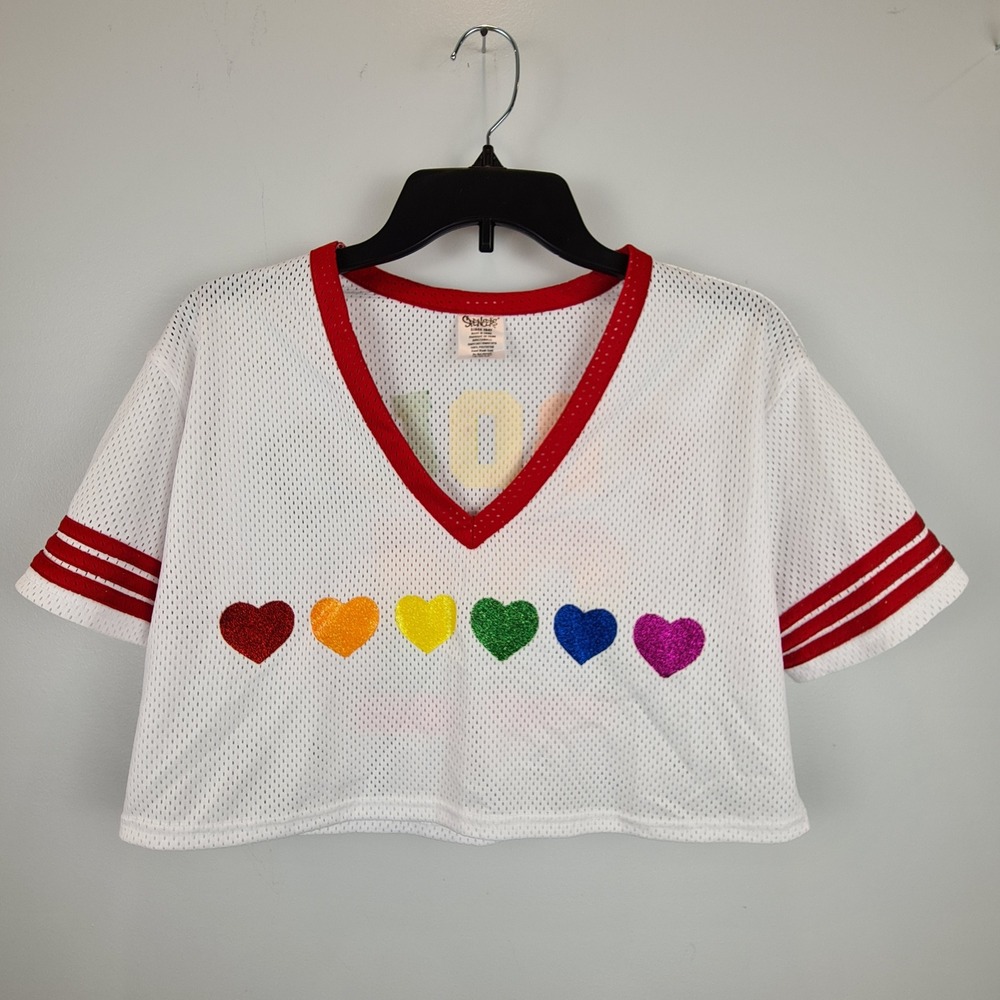 Spencers Womens Pride Rainbow Proud 01 Glitter Heart Mesh Crop Jersey Top Small